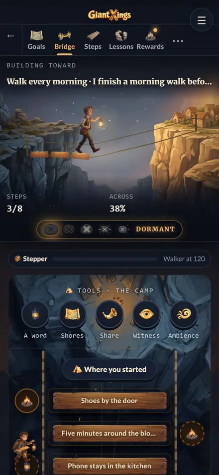 Giant Crossings: a painted rope bridge over a chasm, the walker three planks across and 38% of the way to the far shore.