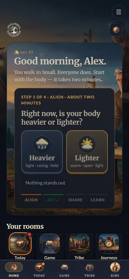 The Tribe of Giants app on a phone: the morning check-in asks whether your body feels heavier or lighter, with two painted doors.