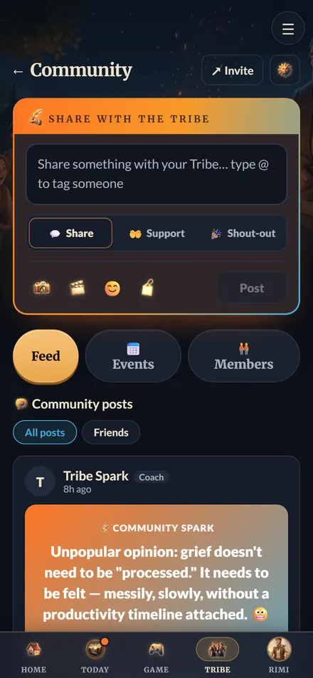The Tribe community: the Share with the Tribe card and a community post.